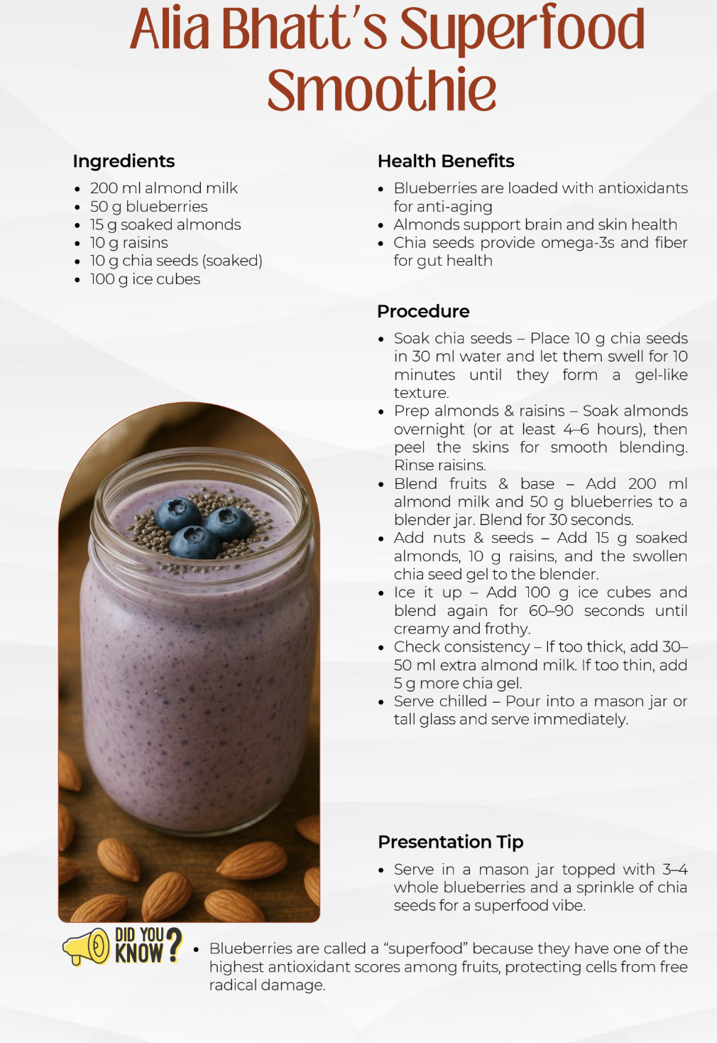 Alia Bhatt’s Superfood Smoothie sample recipe page