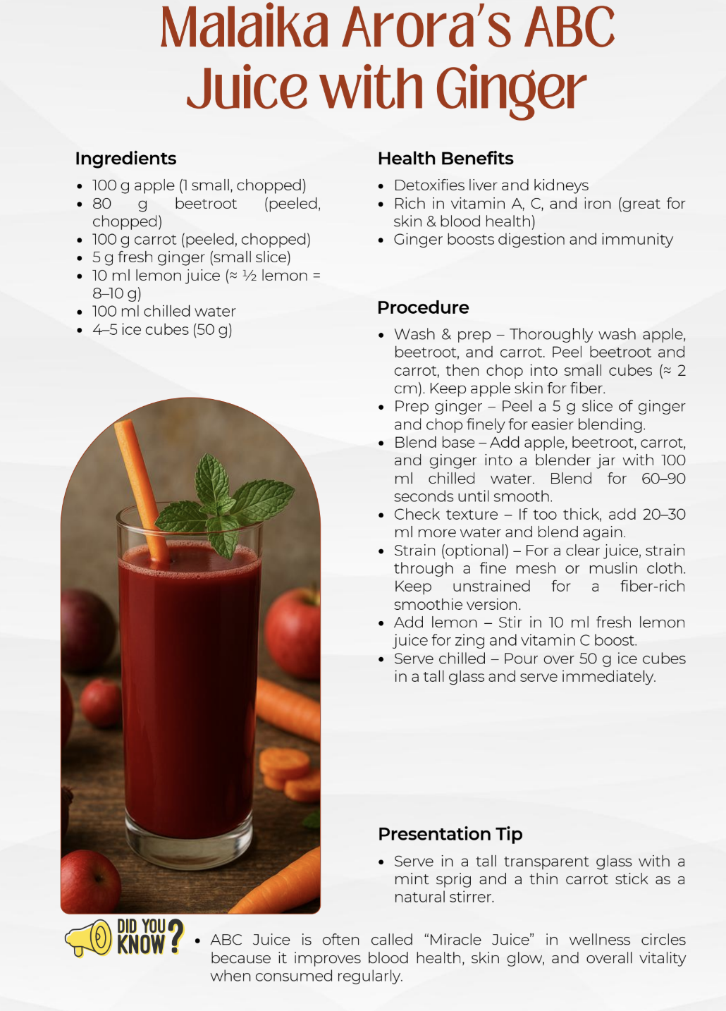 Malaika Arora’s ABC Juice sample recipe page