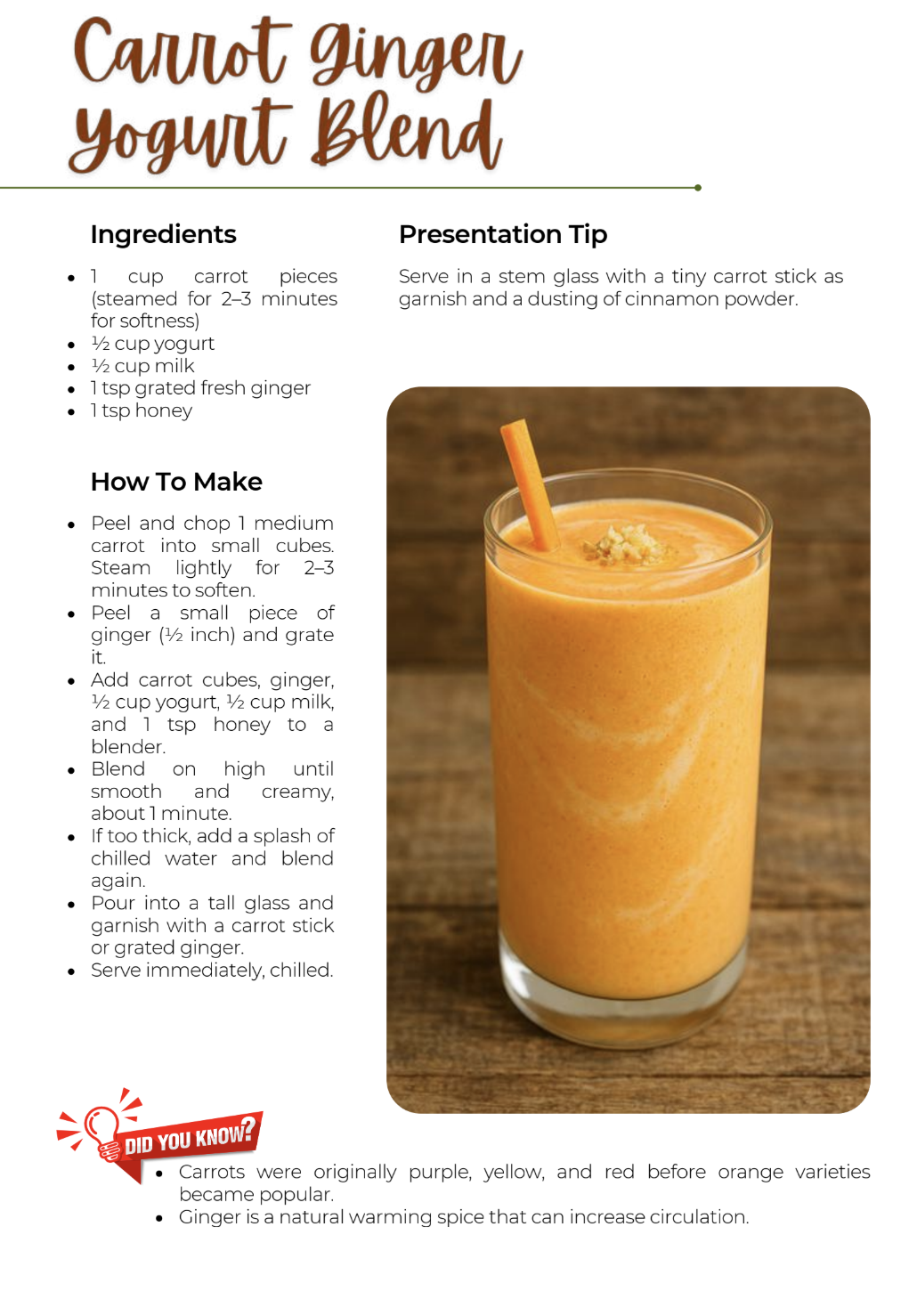 Carrot Ginger Blend sample recipe page
