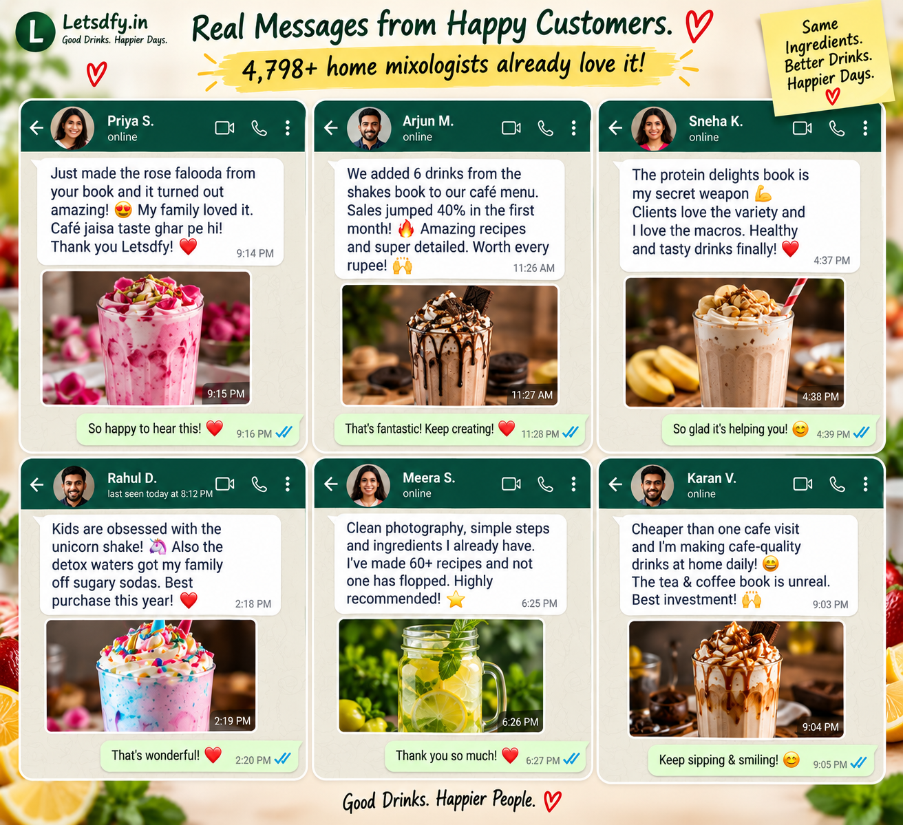 Customer WhatsApp messages sharing drinks made from the Letsdfy.in recipe books