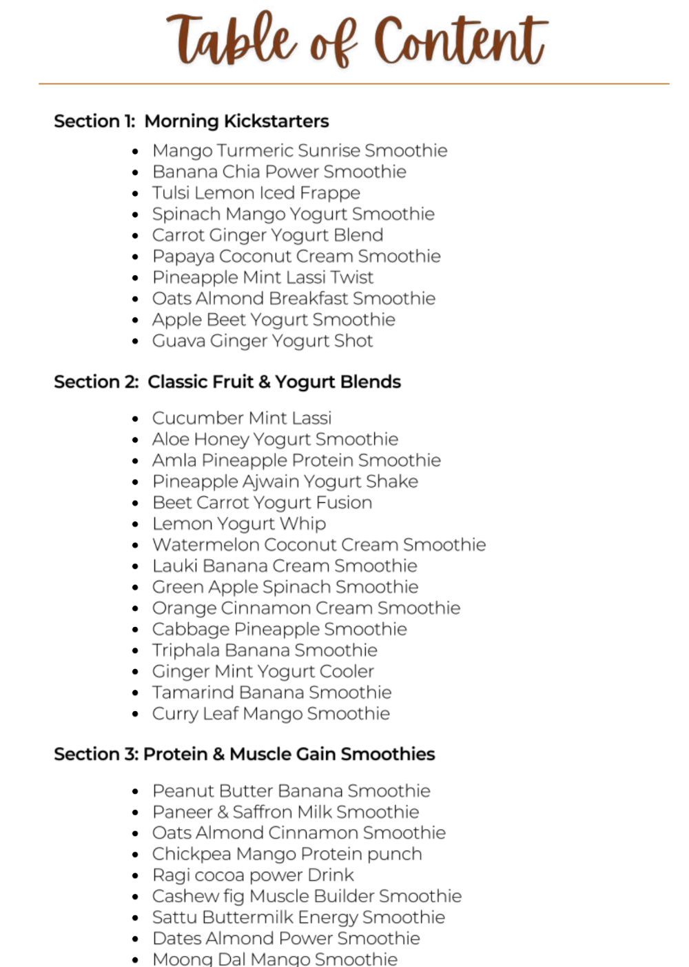 Smoothies Contents sample recipe page
