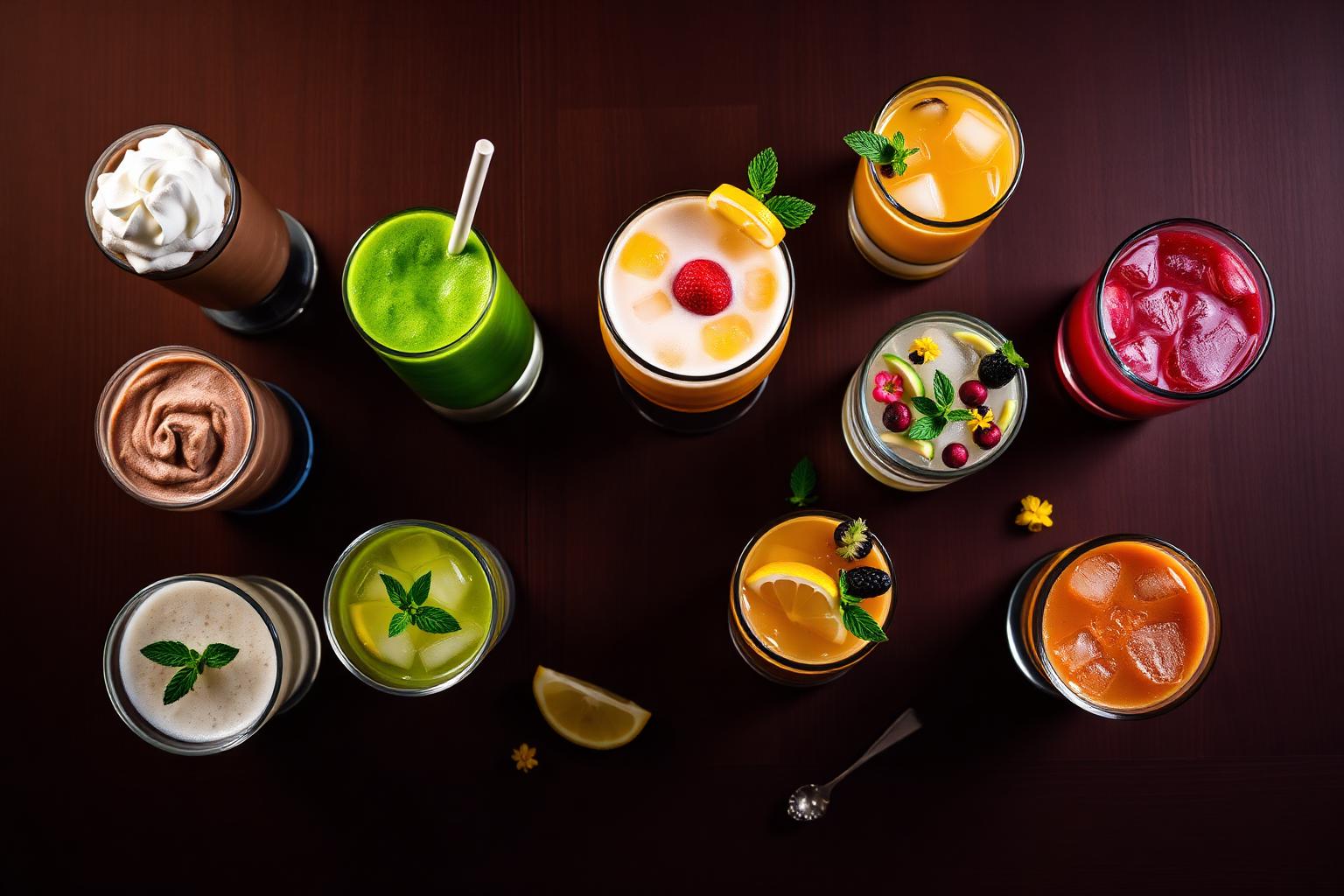 Eight assorted gourmet drinks beautifully arranged